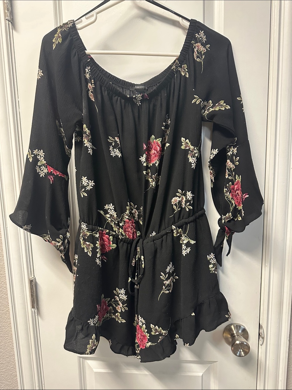Forever 21 Black Off-Shoulder Romper with Pink Floral Accents
